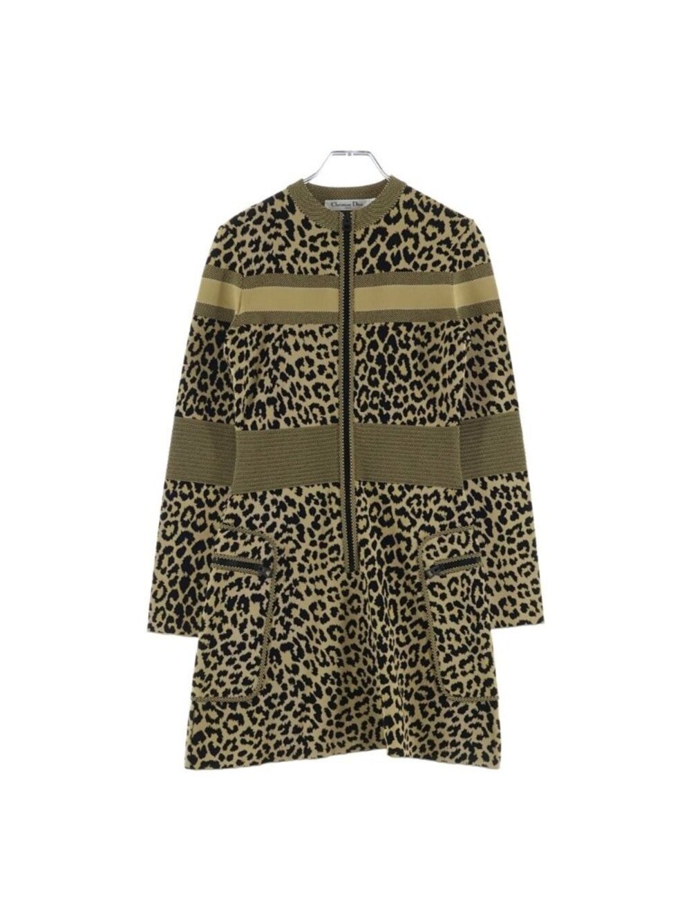 Dior Leopard Print Half Zip Knit Long Sleeve Dress Brown